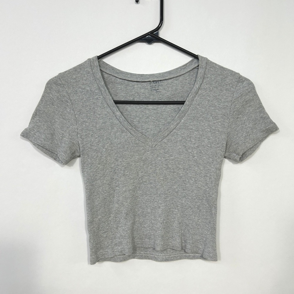 J. Galt Ribbed V Neck Crop Top Gray‎ Womens Small Fitted Minimalist Everyday Tee
